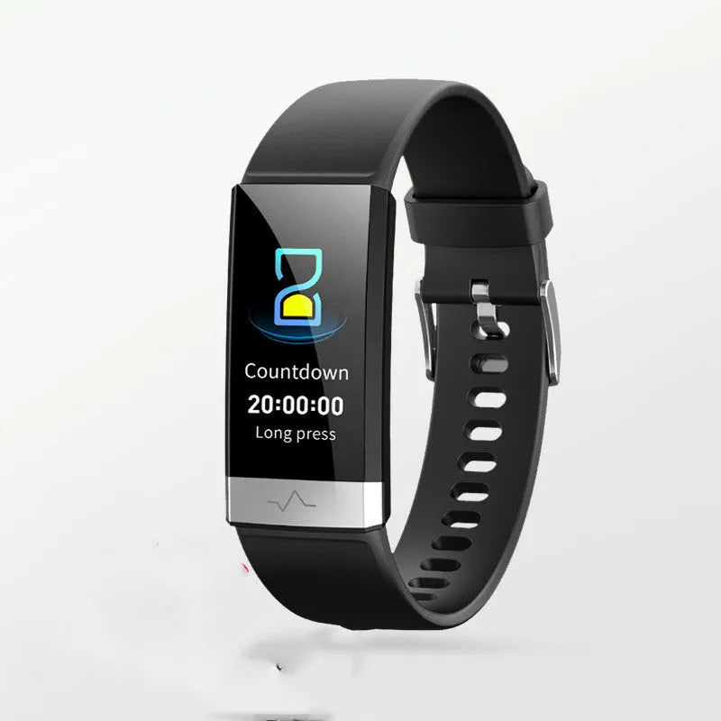 V19 smart fitness bracelet with coloured TPU strap on a wrist, showing its display and ECG sensor.