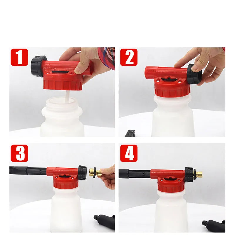 Green foam pot high pressure water gun for garden spraying on a wooden table.
