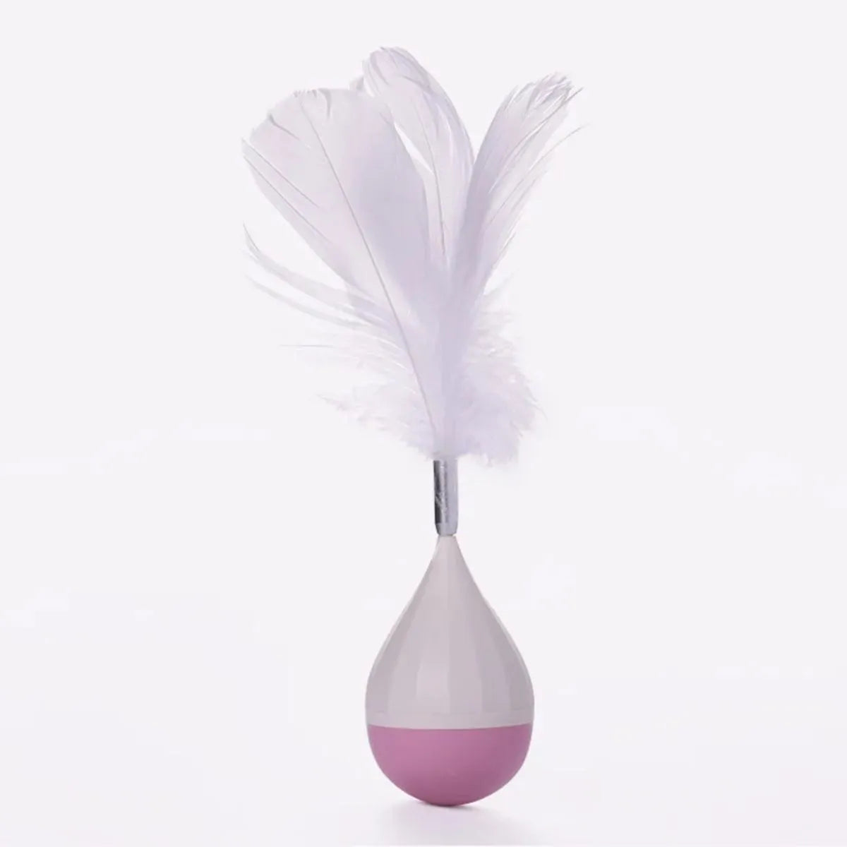 Green or pink feather tumbler cat toy with aluminium rod and self-healing ball component