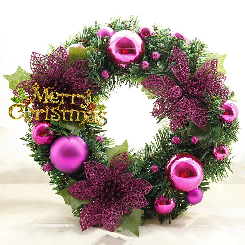 Multicolour plastic Christmas wreath with a 30cm diameter, hung on a door.