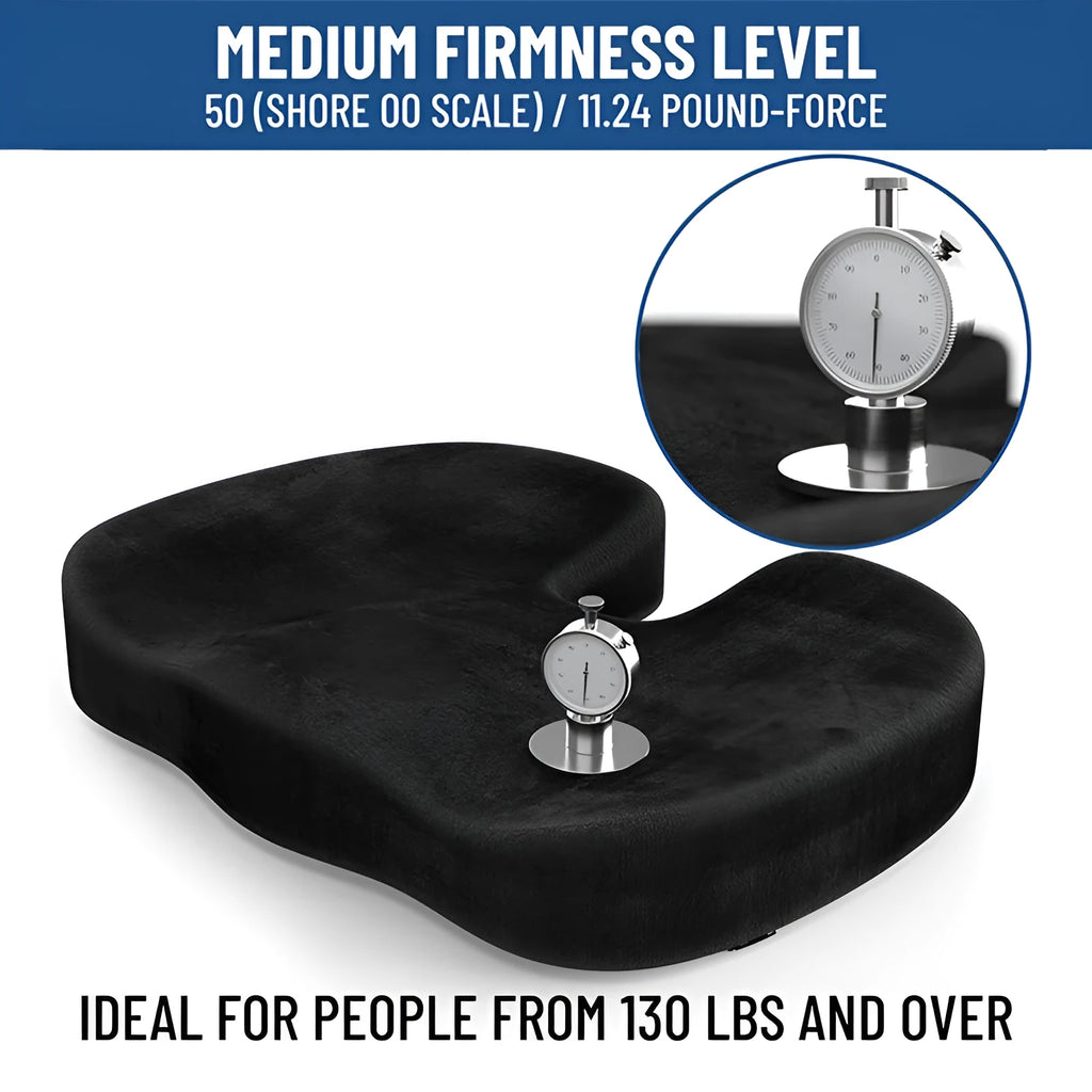 Black U-shaped memory foam seat cushion with removable flannel cover, shown on a office chair.