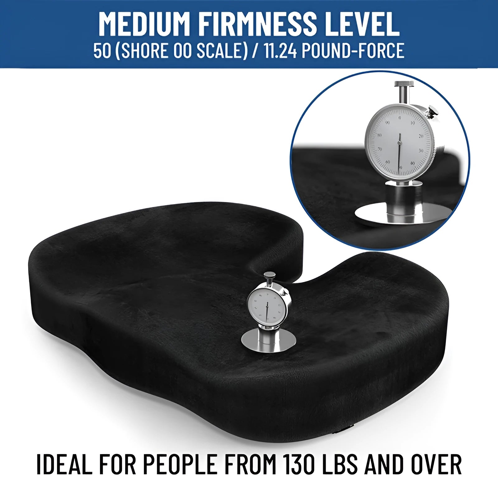 Black U-shaped memory foam seat cushion with removable flannel cover, shown on a office chair.