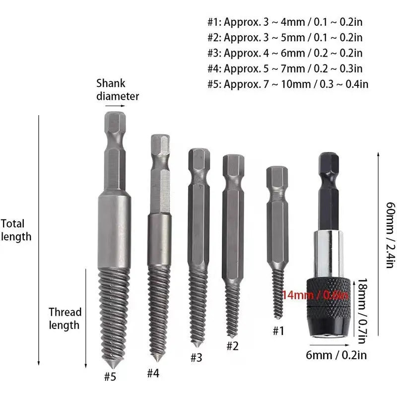 Silver household hexagonal handle screw extractor suit 12 pieces set on white background