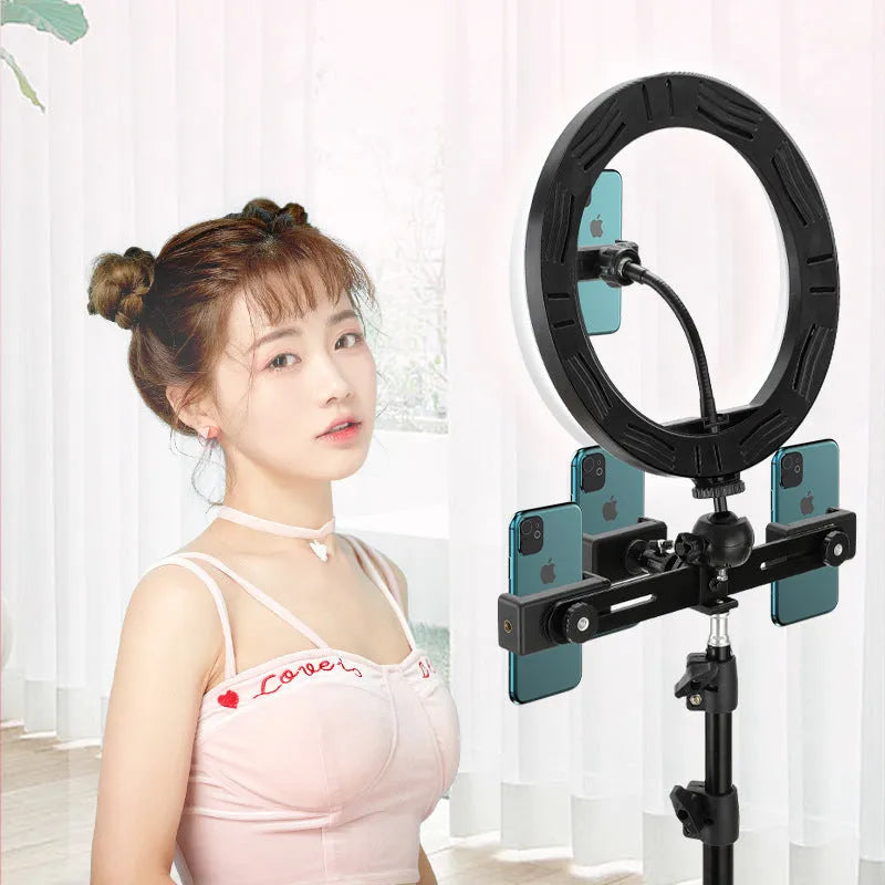 10-inch rotating ring light on a 19 cm metal stand for mobile phone selfies and live streaming.