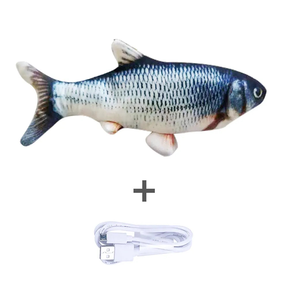 Multicolour electronic fish cat toy measuring 30cm with USB charging cable