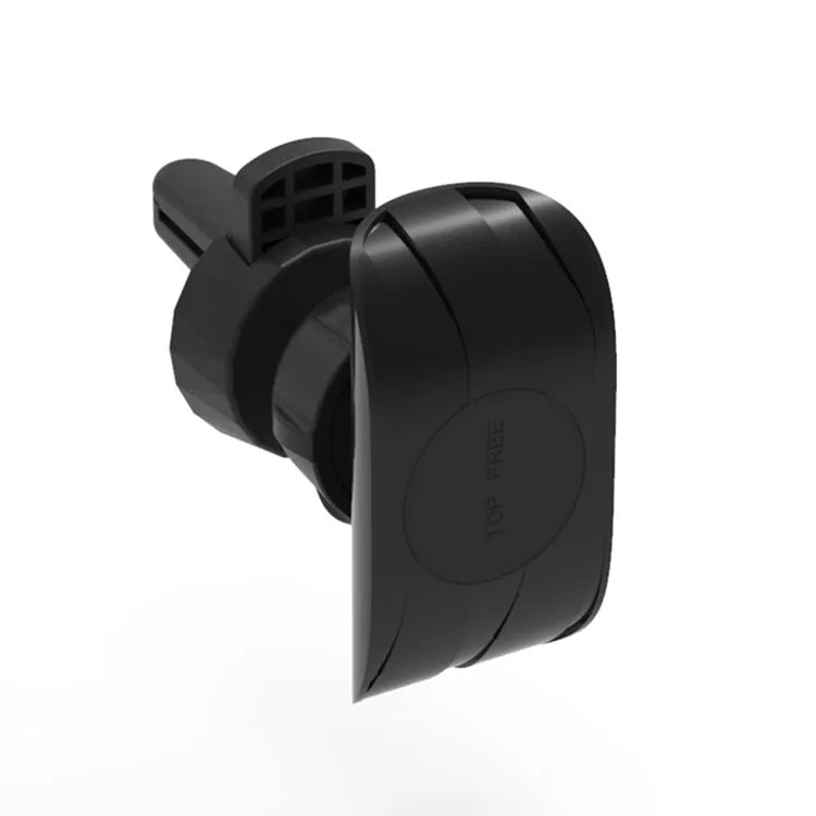 Black car phone holder clipped onto vehicle air vent with phone securely mounted