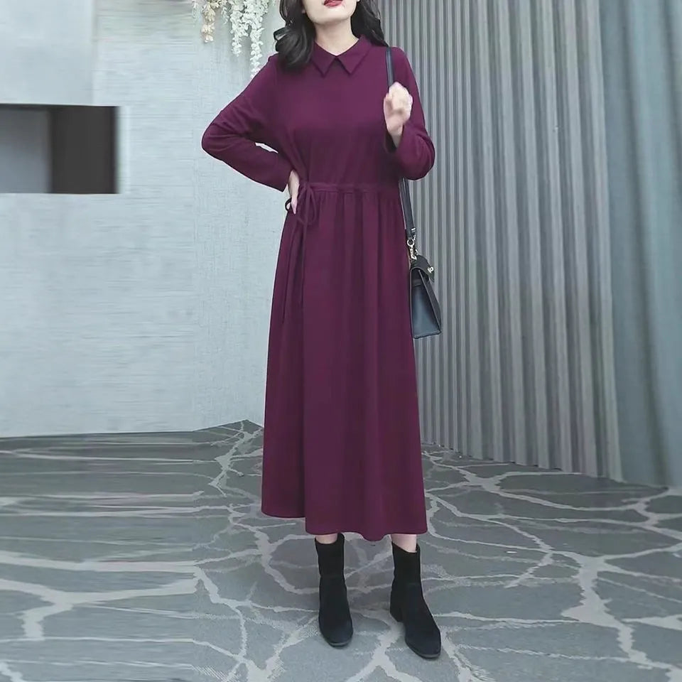 Purplish red women's plus size dress with long sleeves and skirt for autumn and winter commuting wear