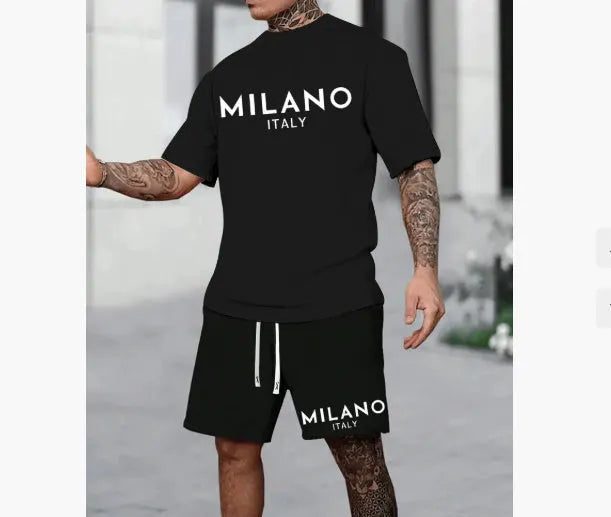 Men's casual two-piece suit set with round neck short sleeve t-shirt and matching shorts