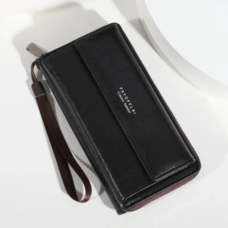 Men's black PU leather bi-fold wallet open to show multiple card slots, alongside brown and coffee colour variants.