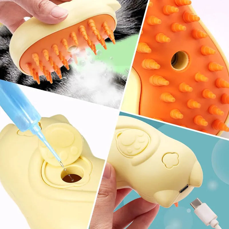 White and blue pet steam brush for grooming cats and dogs, shown with a medium-sized handle.