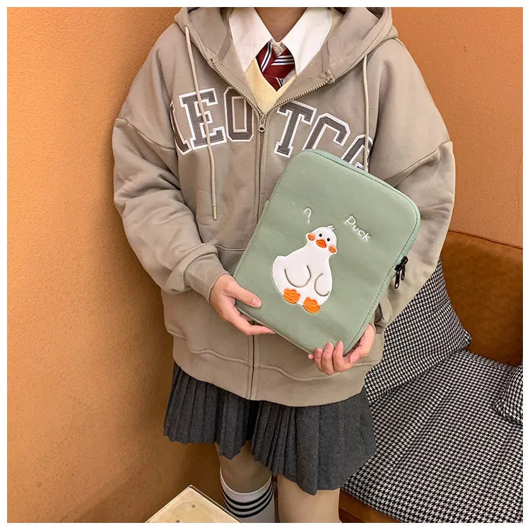 Cartoon cute duck embroidery tablet case with zipper closure in cotton material