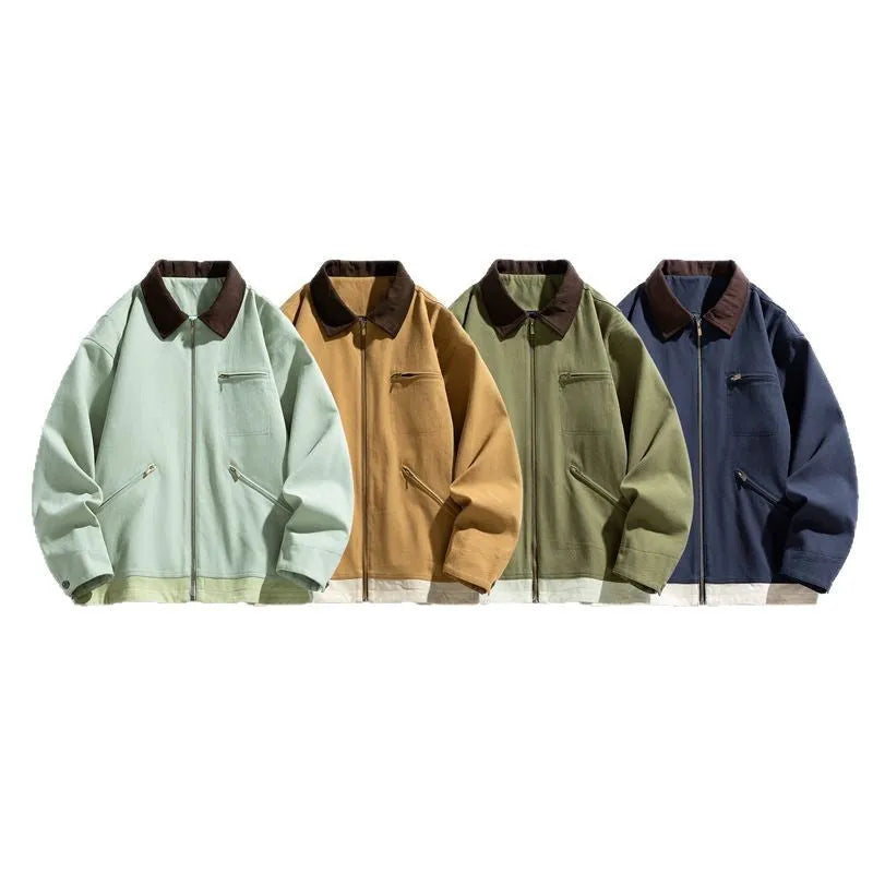Men's loose fit retro work jacket with contrasting lapels in polyester fabric