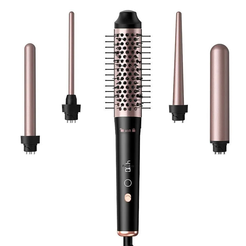 Automatic large wave hair curler in rose gold or black with three styling headbands.