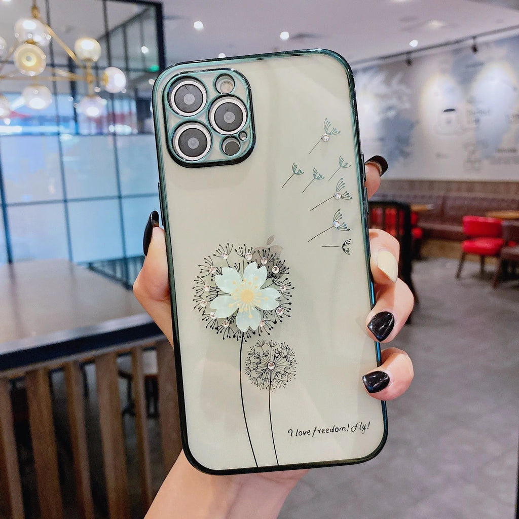 Green TPU iPhone case with a spinning 3D pink flower stand on the back
