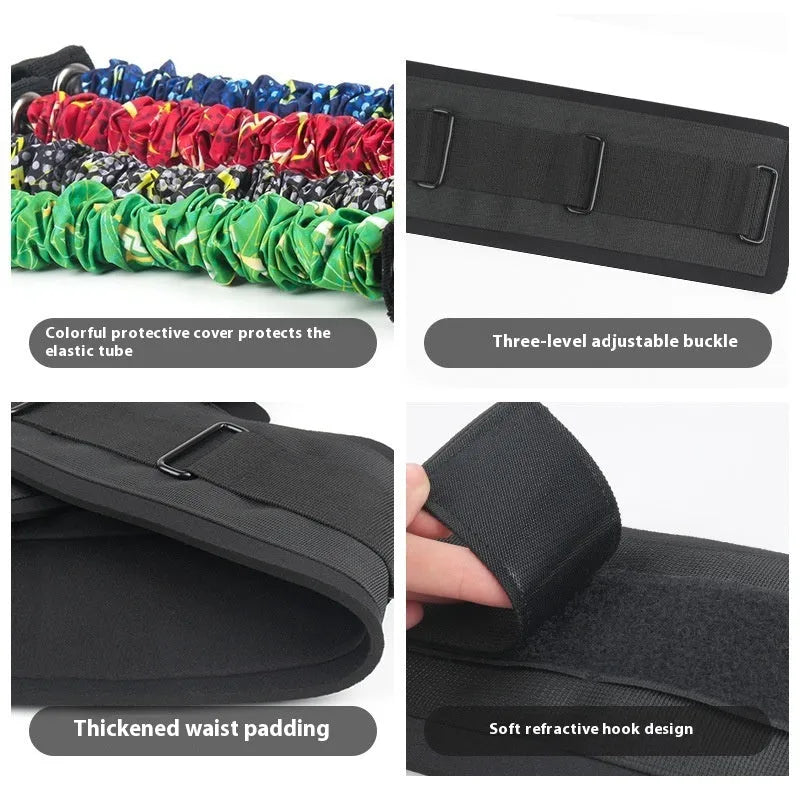 Fitness Bounce chest expander elastic belt with red, blue, black, and green resistance sleeves