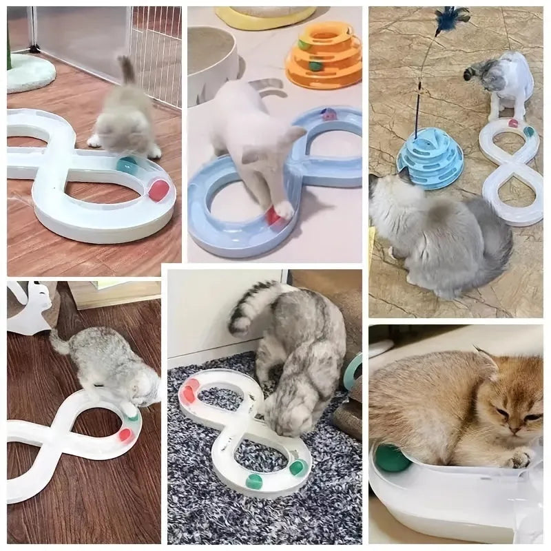 Blue and white cat turntable track toy with self-rotating ball and teasing stick