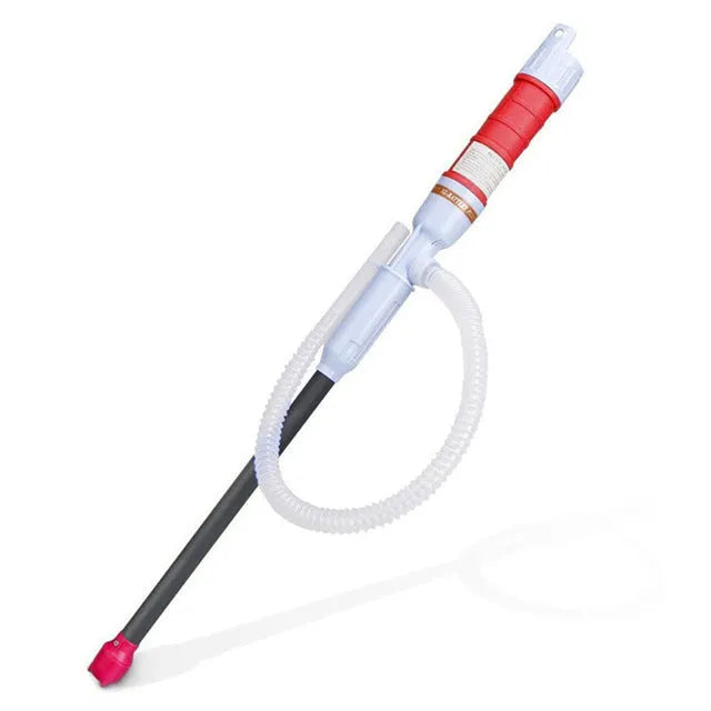 Blue manual hand siphon pump for transferring fuel and oil to small engines.