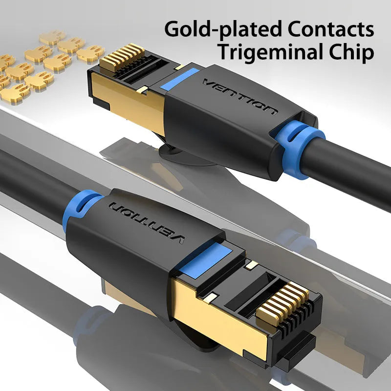 Shielded Cat8 Ethernet network cable with RJ45 connectors in flat and round style options.
