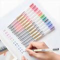 MUJI 12-piece gel pen set with black ink and 0.5mm fine nibs showing anti-leakage mechanism