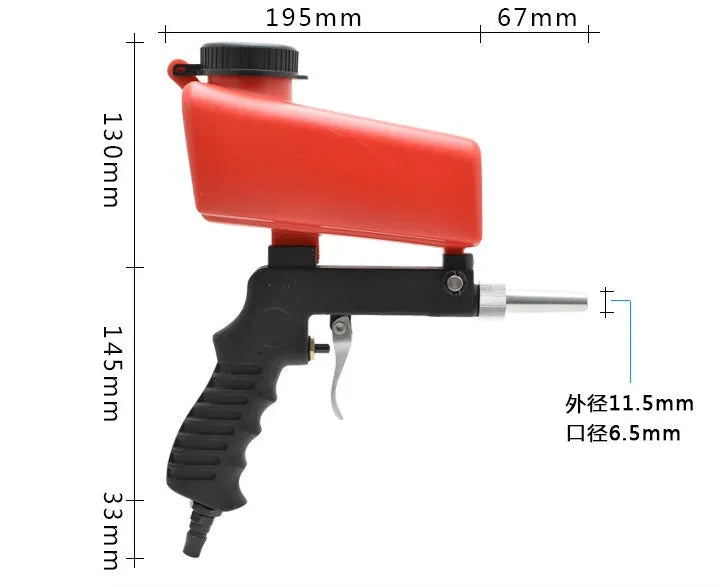 Portable blue pneumatic sandblasting gun with large hopper and nozzle for industrial surface cleaning.