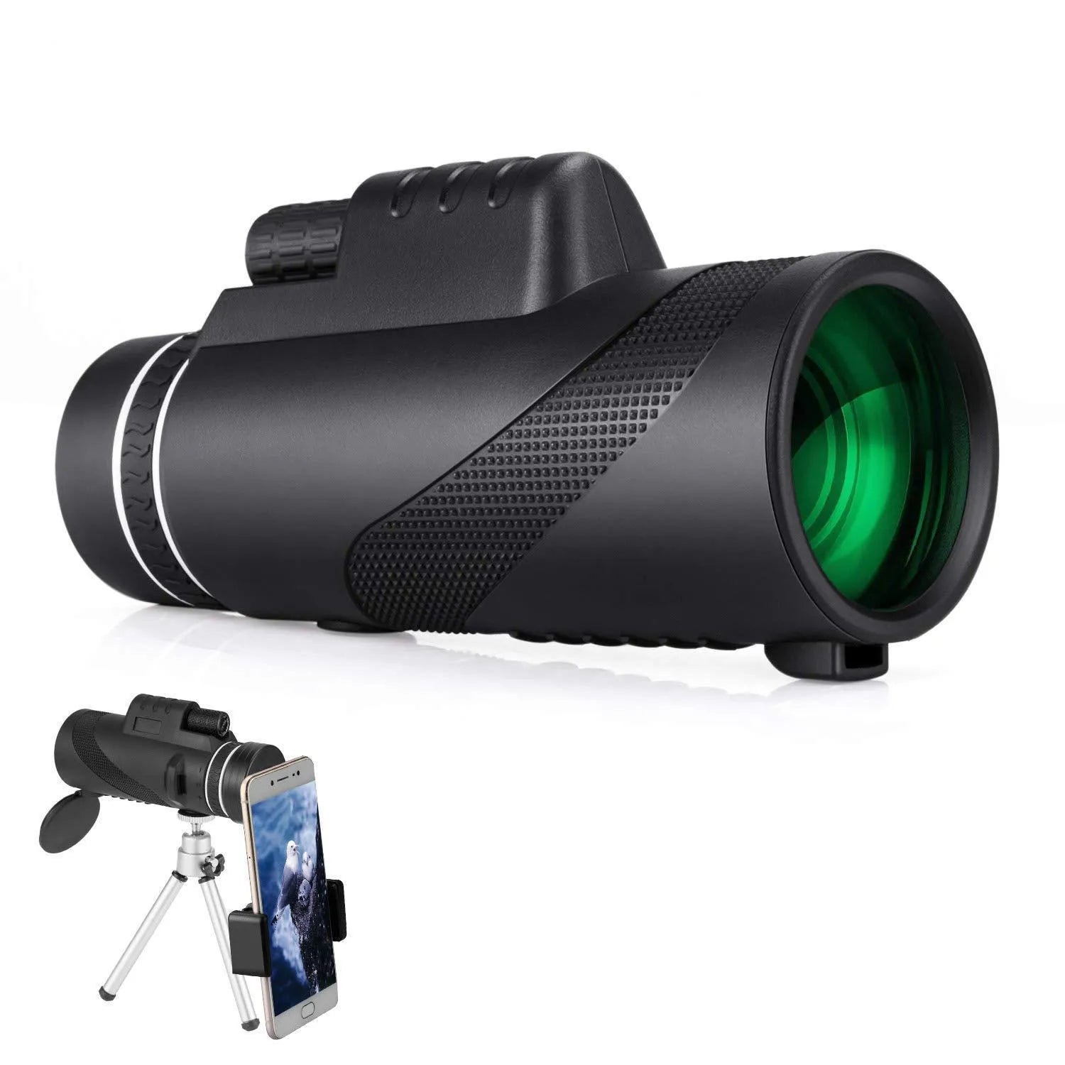 Black 40x60 monocular telescope with smartphone compatibility showing 40x magnification and waterproof construction