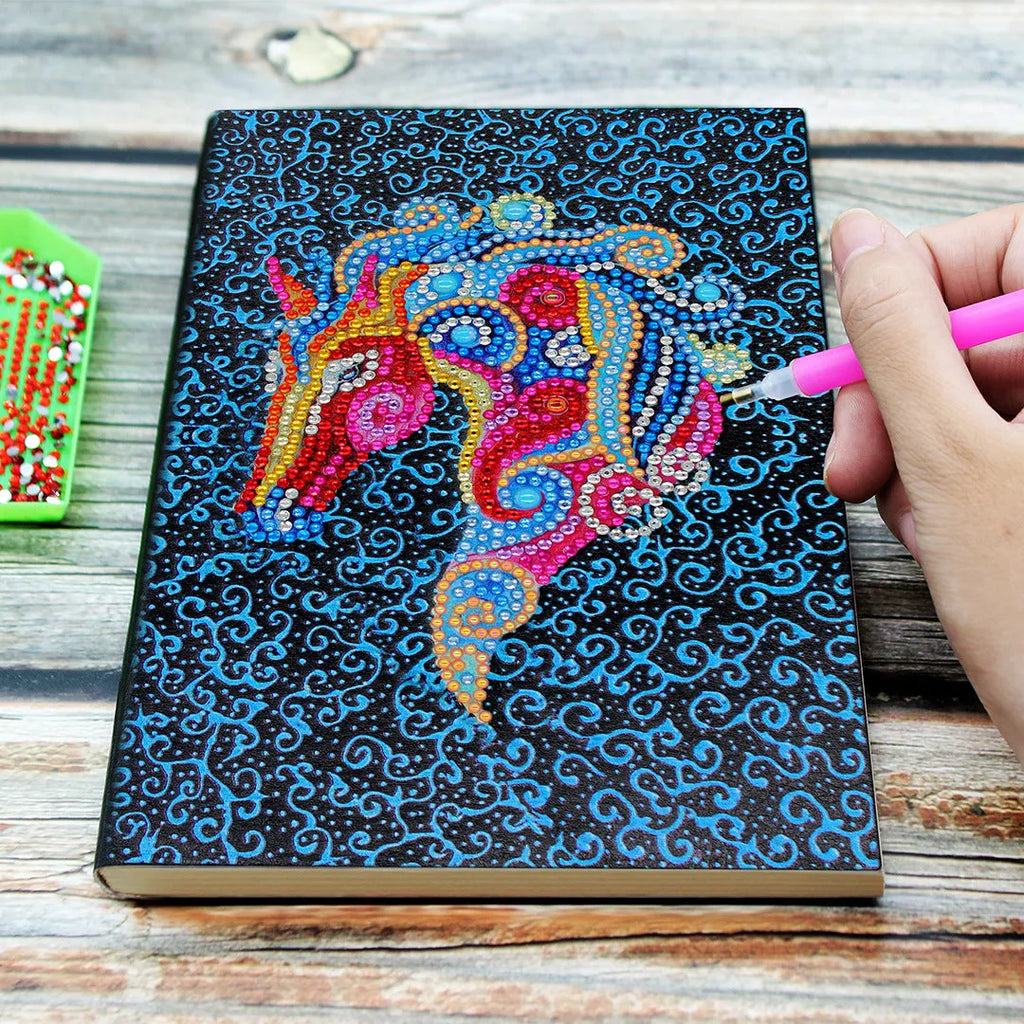 Blue A5 diamond painting notebook with sparkle cover, 142x207x8mm, 50 pages