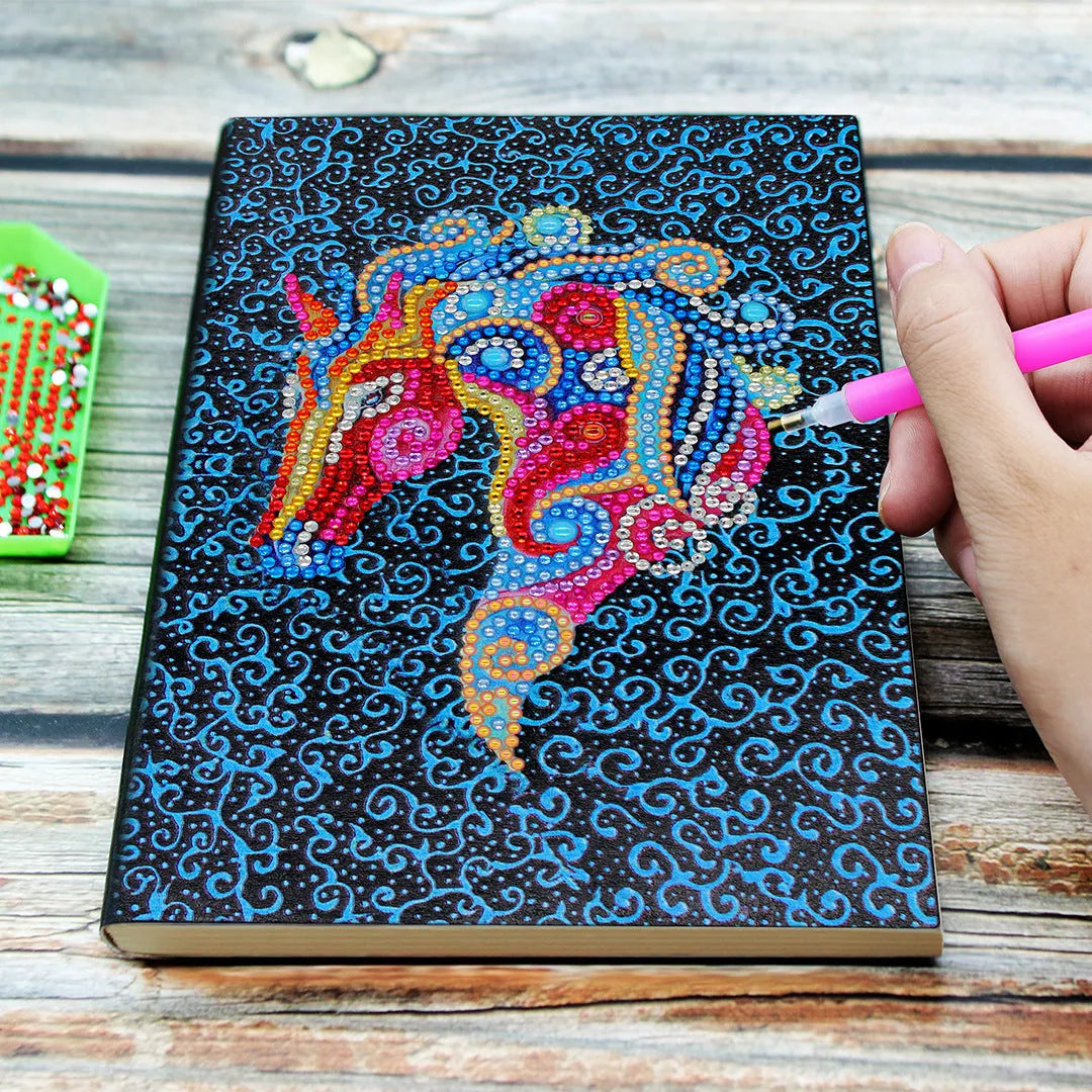 Blue A5 diamond painting notebook with sparkle cover, 142x207x8mm, 50 pages