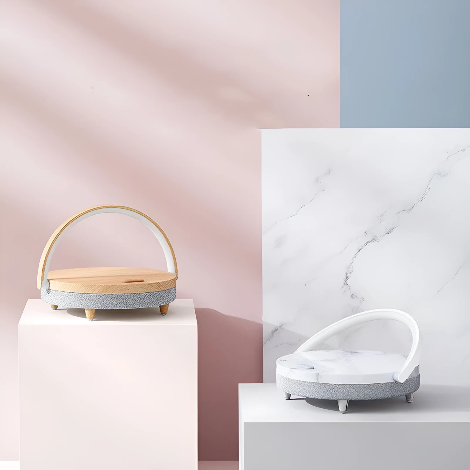 Wireless charging LED night light with Bluetooth speaker and integrated mobile phone holder in marble pattern finish