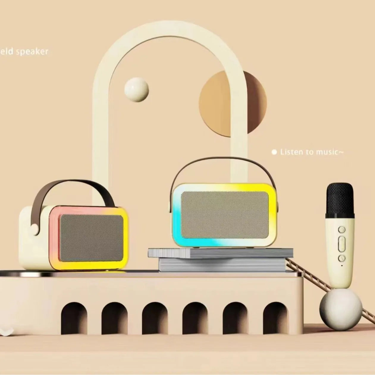 Portable white Bluetooth speaker with microphone and coloured LED lights for karaoke and outdoor use.