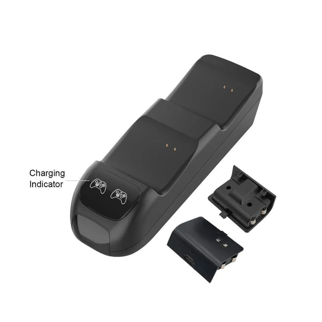 Black Xbox Series X wireless controller dual charging dock with two battery packs on station.