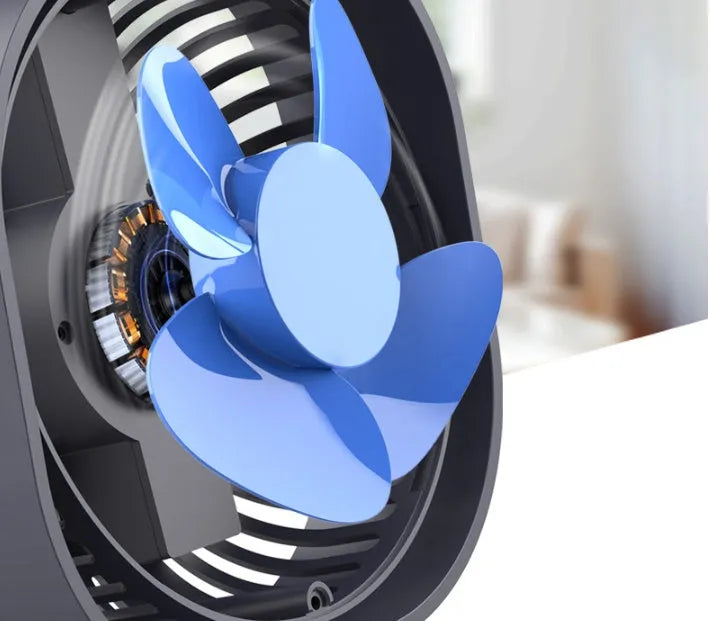 USB desk fan with alarm clock display in blue, showing rotating head on a modern base.