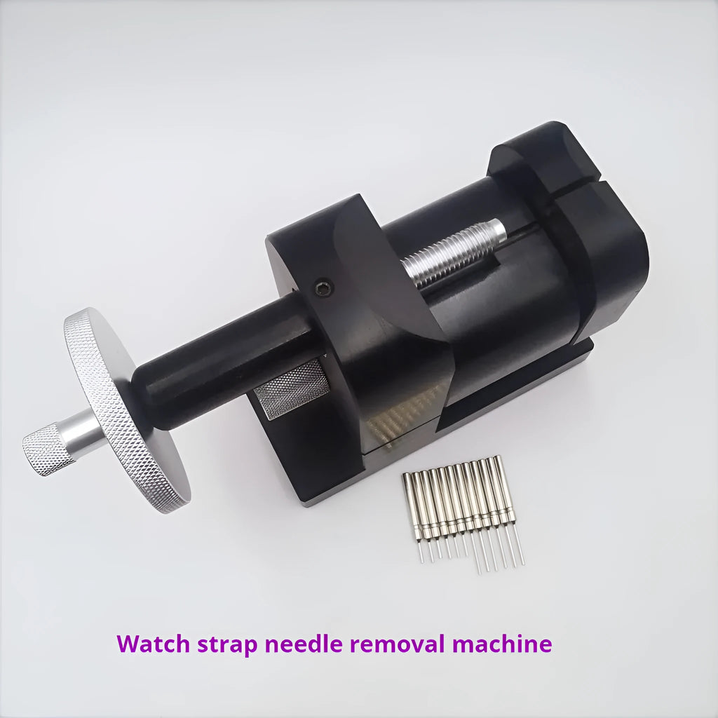 Alloy steel watch strap stripping machine tool on a workbench for watch repair.