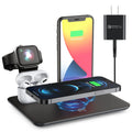 Black wireless charging desktop station holding a mobile phone, with ports for watch and headphones.
