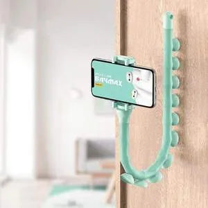 Flexible rubber phone holder with suction cup mount showing 360 degree rotation capability