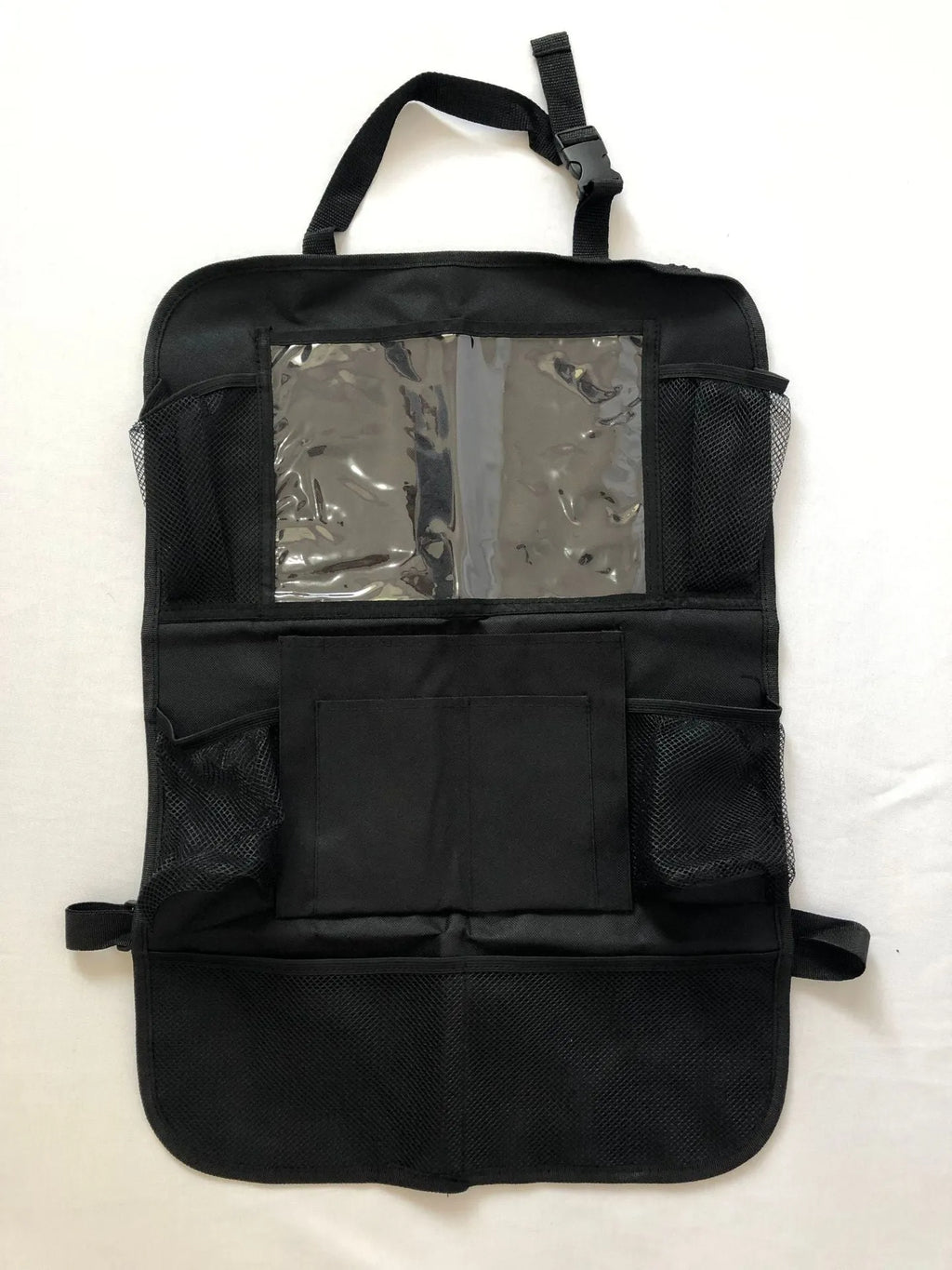 Black car seat back storage pouch with 9 storage bags and transparent iPad touch screen pocket hanging on a car seat back
