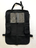 Black car seat back storage pouch with 9 storage bags and transparent iPad touch screen pocket hanging on a car seat back