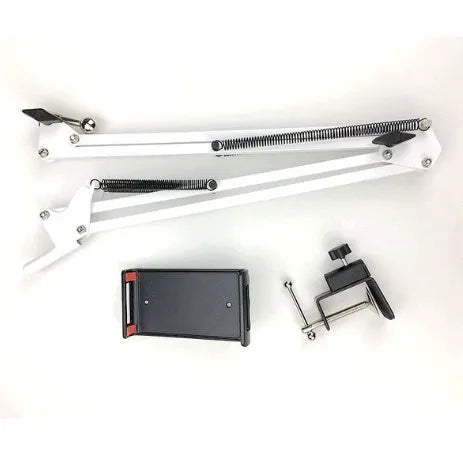 Adjustable black phone tablet stand on desktop holding mobile device at viewing angle