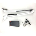 Adjustable black phone tablet stand on desktop holding mobile device at viewing angle