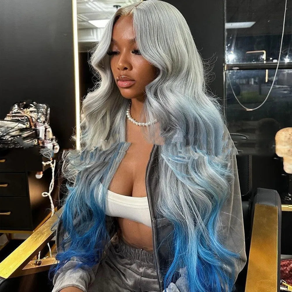 Grey to blue gradient colour human hair wig in Ruili style on a model.