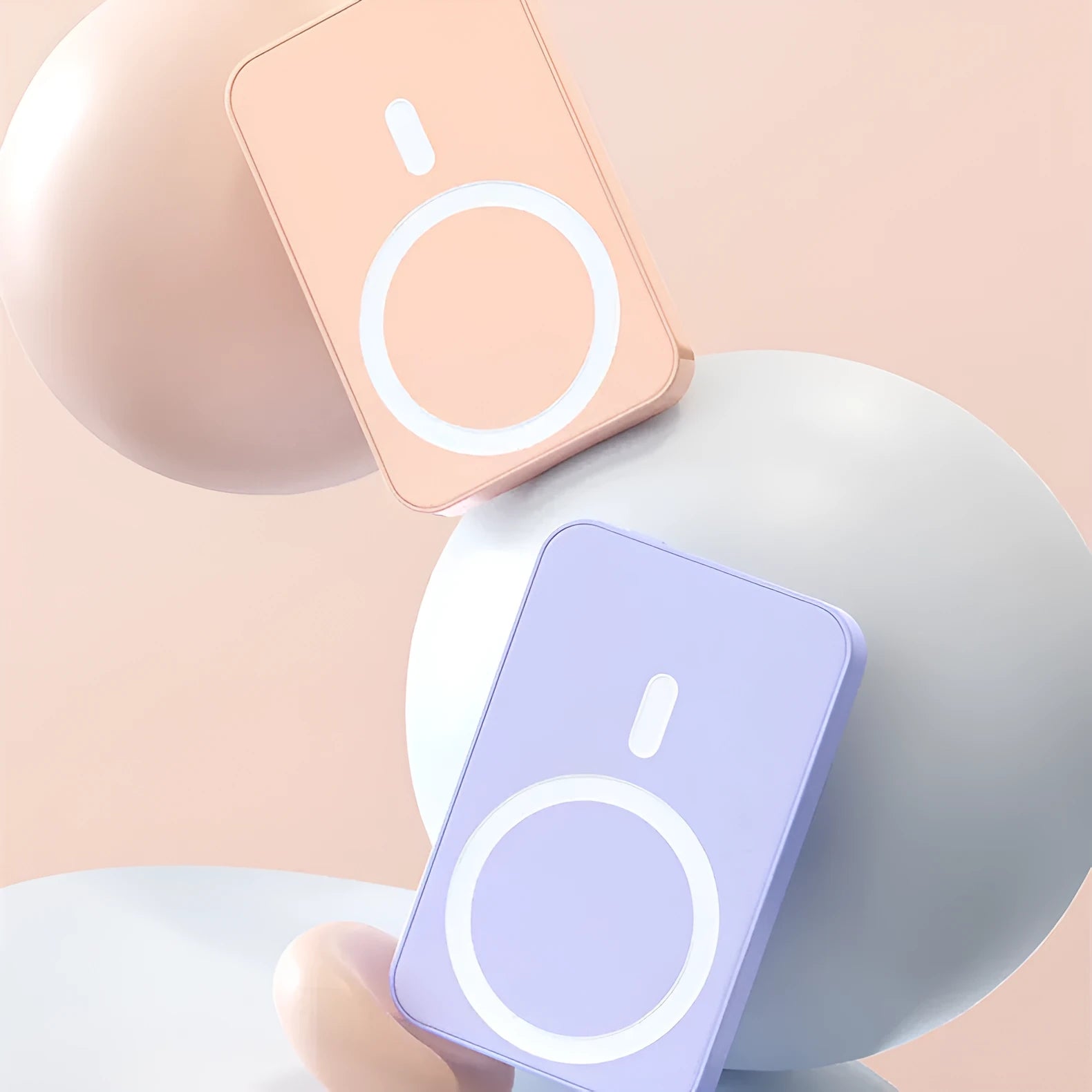 Magnetic wireless power bank in pink, purple or white with 20000mAh capacity and 20W output