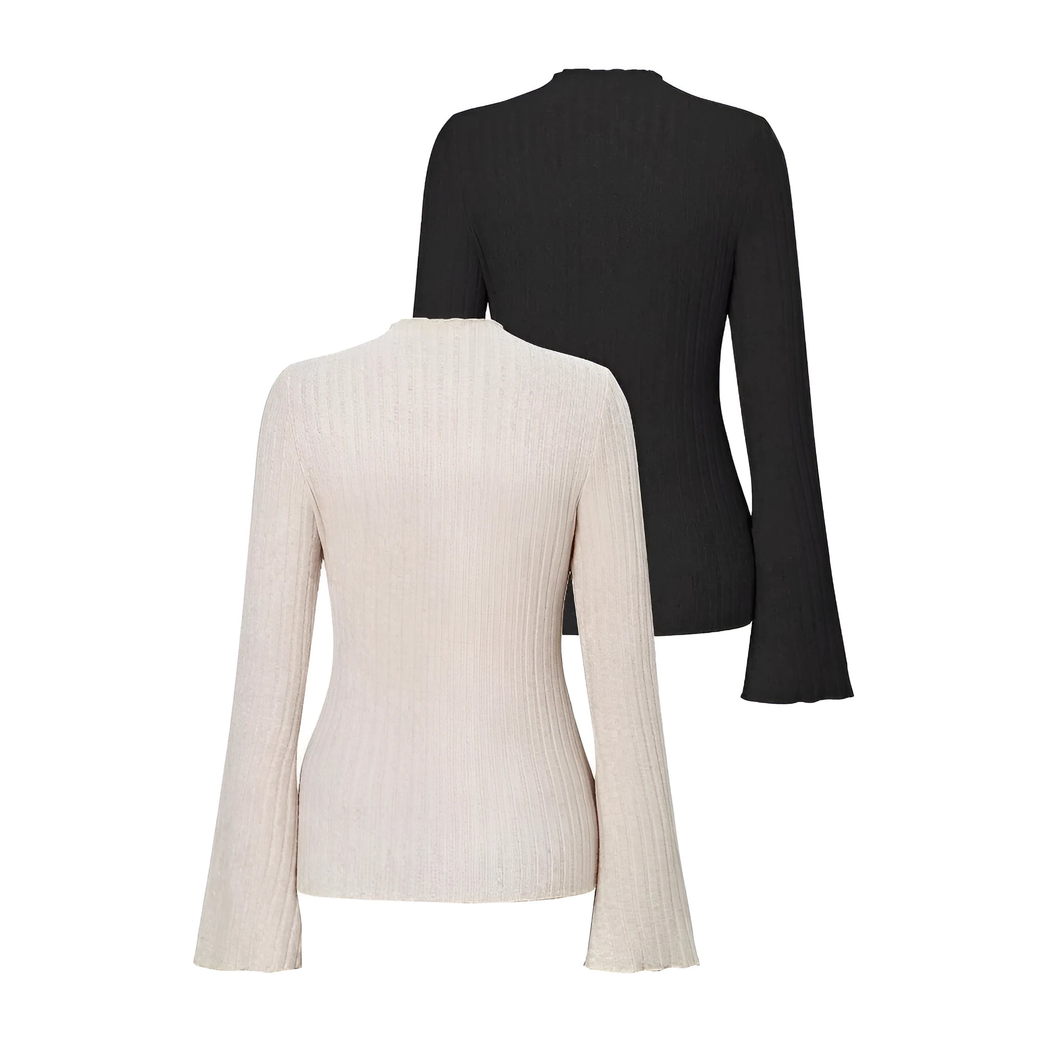 Long sleeve round neck polyester top with sunk stripe texture in black colour