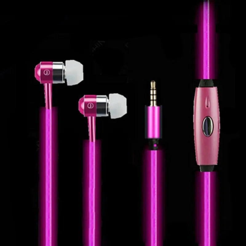 Blue Magic Light LED earphones with glowing stems, 3.5mm plug, and inline remote on a dark background.