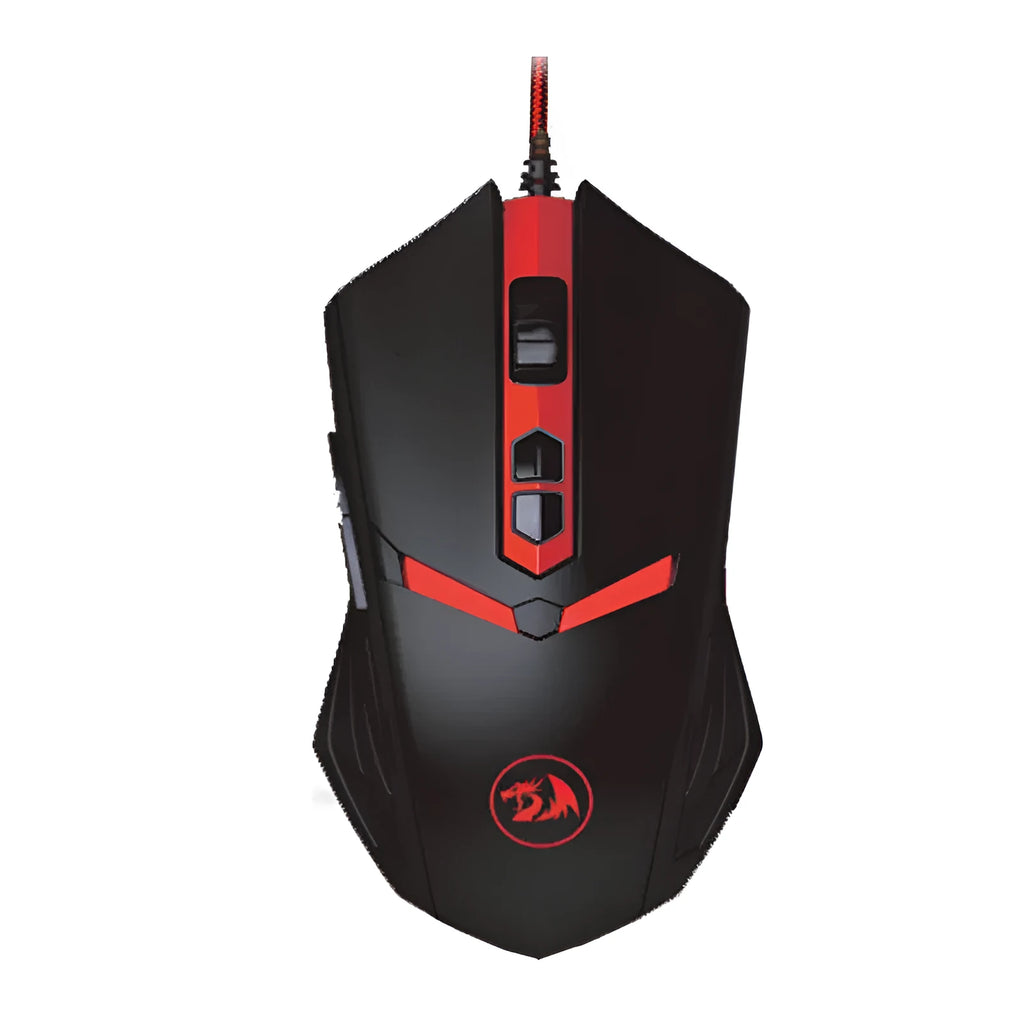 Black and red wired USB optical computer mouse with six buttons on a desk.