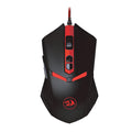 Black and red wired USB optical computer mouse with six buttons on a desk.