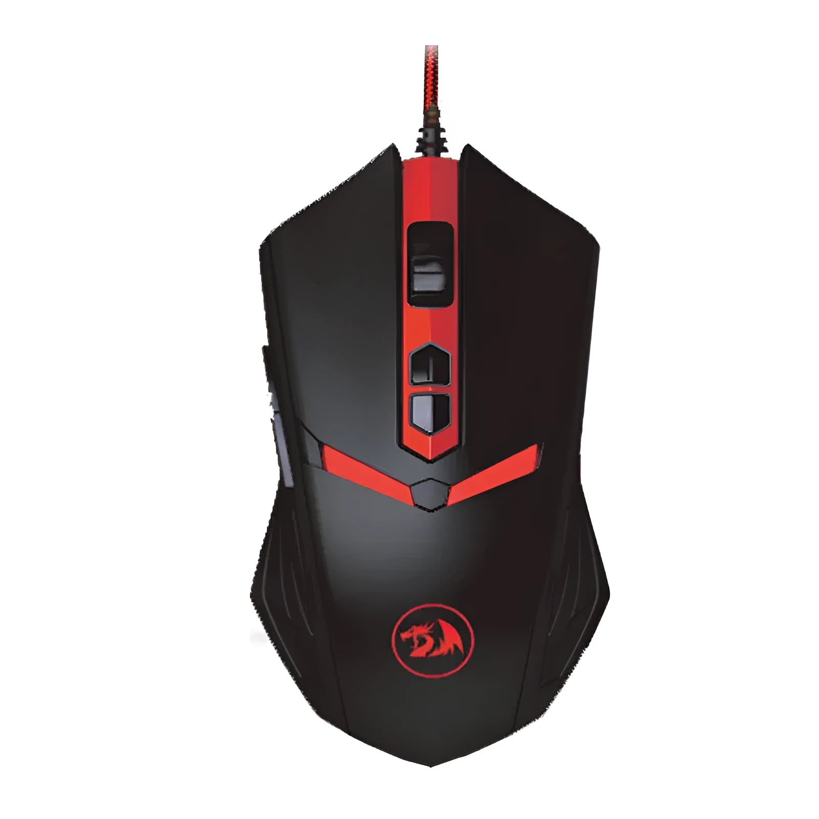 Black and red wired USB optical computer mouse with six buttons on a desk.