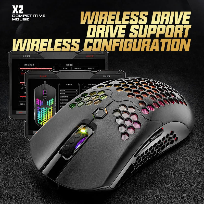 Free Wolf X2 wireless RGB gaming mouse with honeycomb shell in yellow colour on a desk.