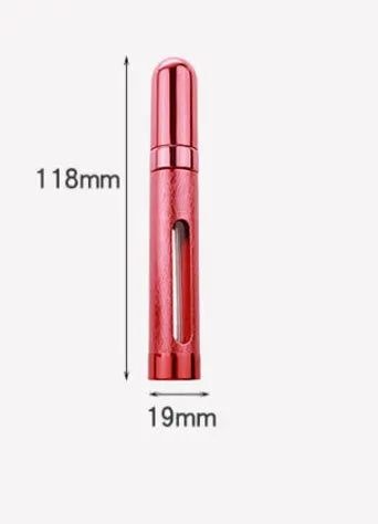Slender aluminium travel perfume bottle with glass liner in a choice of six colours, shown next to a ruler showing 115mm length.