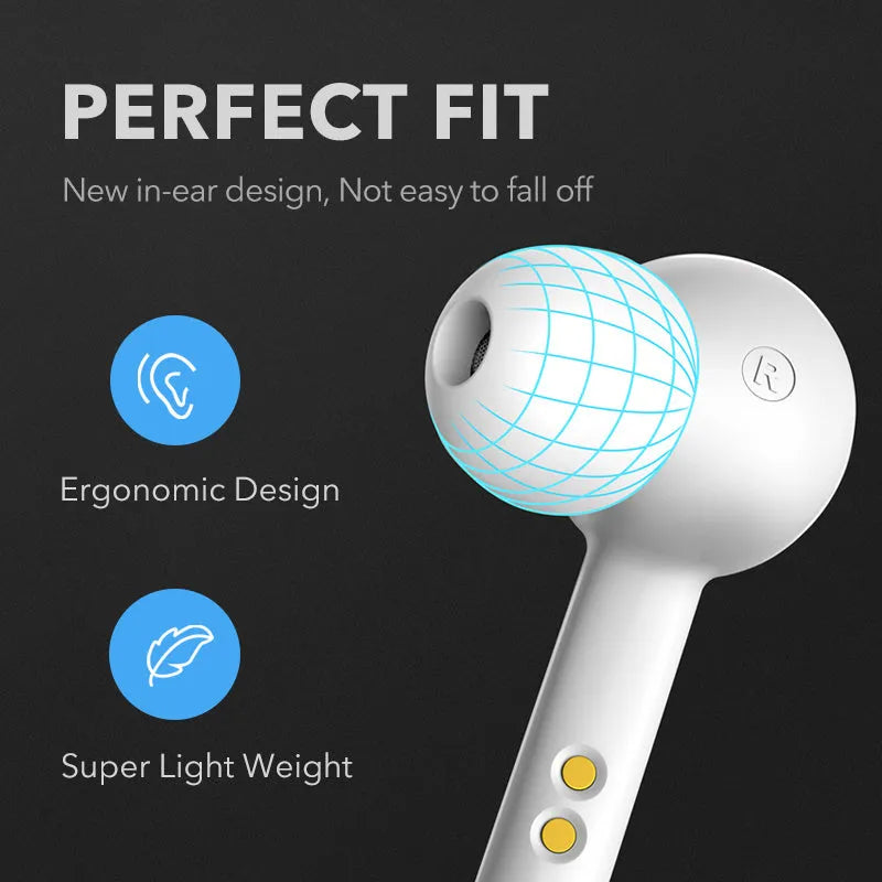 Black true wireless Bluetooth earbuds with in-ear design and IPX5 waterproof rating.