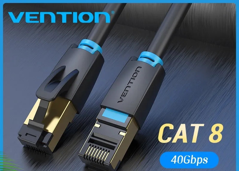 Shielded Cat8 Ethernet network cable with RJ45 connectors in flat and round style options.