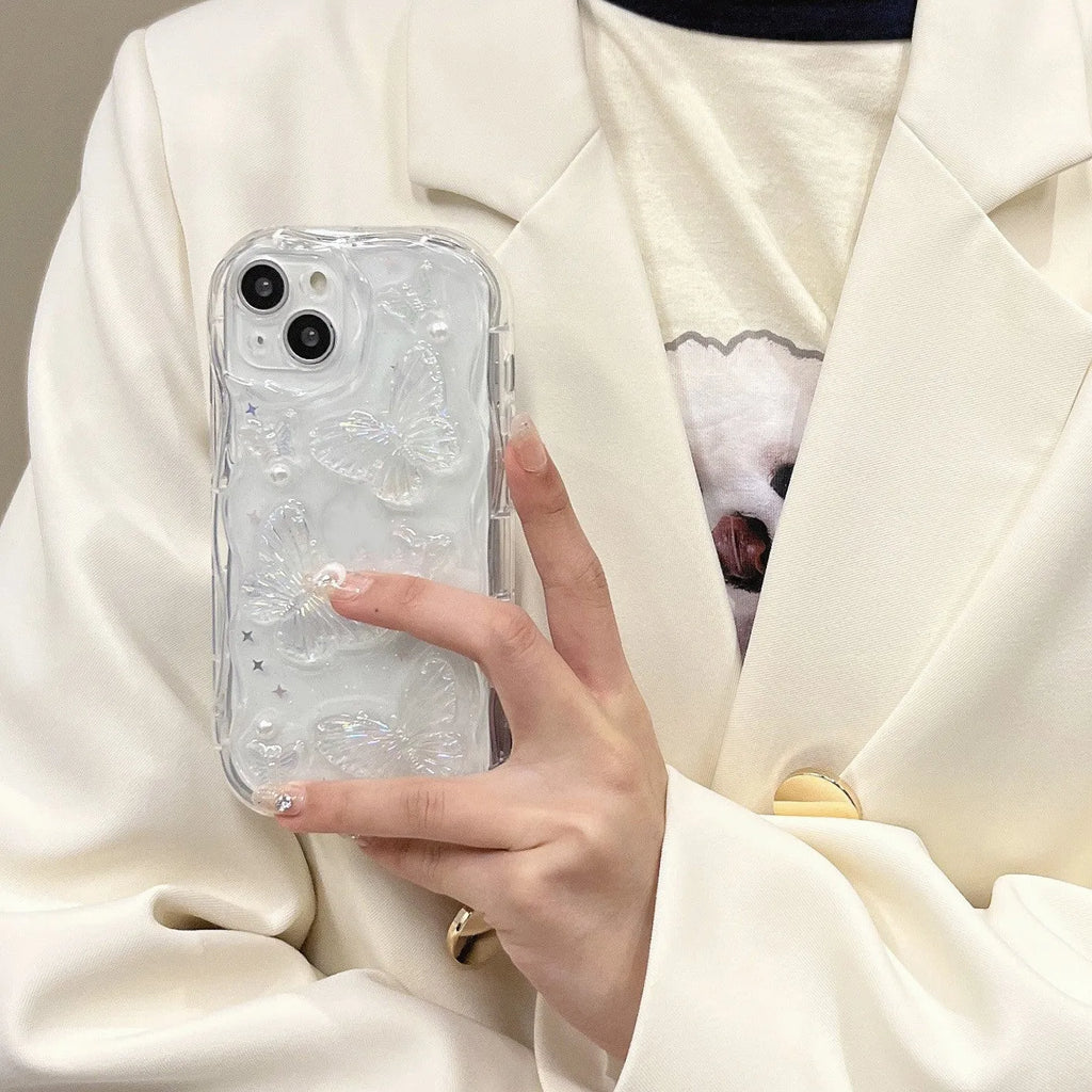 Three-dimensional butterfly phone case in transparent silicone with raised epoxy decoration for iPhone